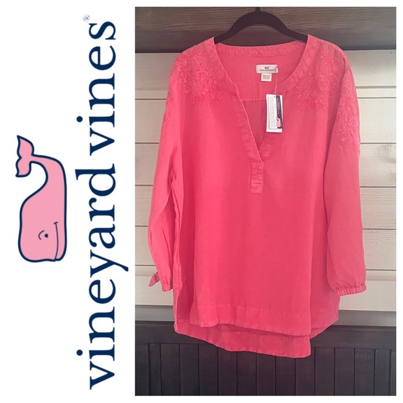 NWT VINEYARD VINES Chambray Embroidered Tie Sleeve Top In Paradise Pink XL - Picture 12 of 12